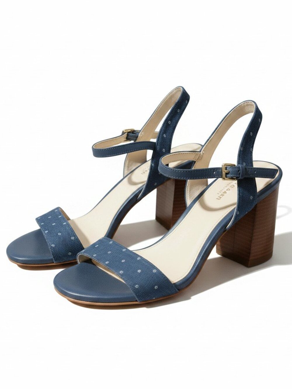 Cole Haan Denim Polka Dot Block Heels - Navy/Brown - Size 8 - Like New - Picture 1 of 6